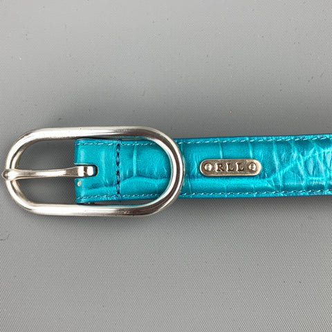 RALPH LAUREN Size M Teal Embossed Leather Skinny Belt