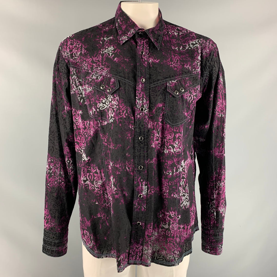 GEORG ROTH Size XXL Purple & Black Print Cotton Snaps Long Sleeve Shirt