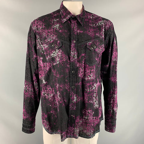 GEORG ROTH Size XXL Purple & Black Print Cotton Snaps Long Sleeve Shirt