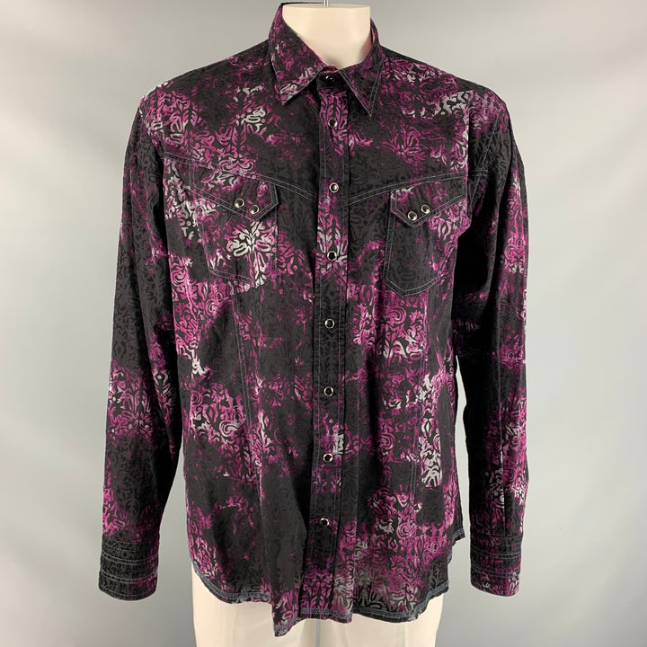 GEORG ROTH Size XXL Purple & Black Print Cotton Snaps Long Sleeve Shirt