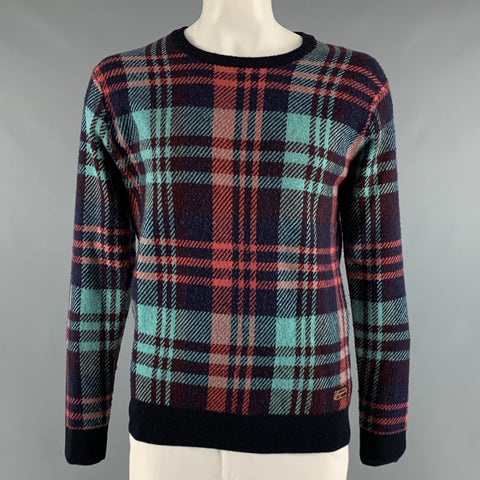 SCOTCH AND SODA Size XL Brown Blue & Red Plaid Knit Crew-Neck Sweater