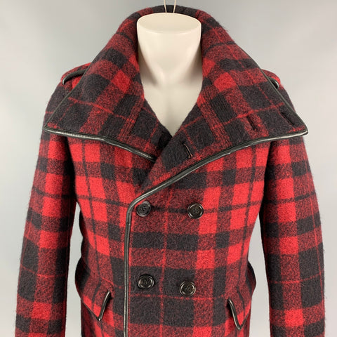 BURBERRY PRORSUM Fall 2011 Size 38 Red & Black Buffalo Plaid Polyester / Wool Peacoat