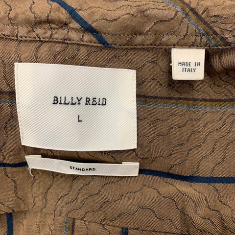 BILLY REID Size L Brown Navy Stripe Cotton Short Sleeve Shirt