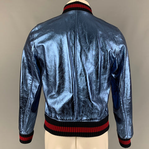 GUCCI FW 2017 Size 36 Blue Metallic Stripe Lamb Leather Bomber Jacket