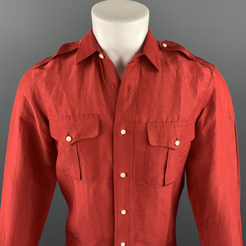 RALPH LAUREN Black Label Size S Red Linen / Silk Button Up Long Sleeve Shirt