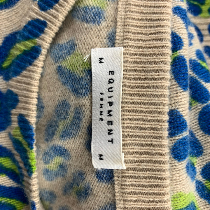 EQUIPMENT Size M Taupe & Blue Animal Print Cashmere Pullover