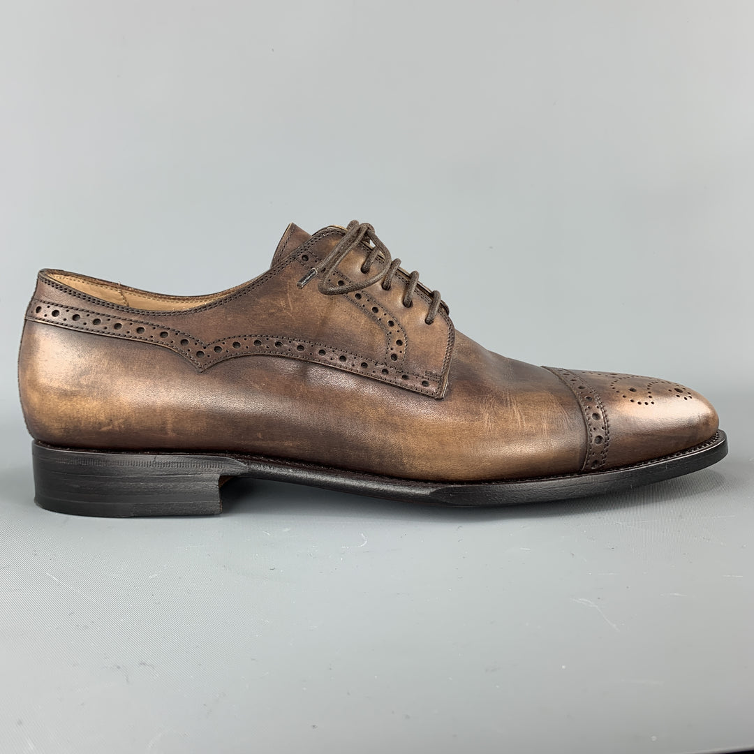 KITON Size 9 Brown Antique Effect Leather Cap Toe Lace Up Brogues