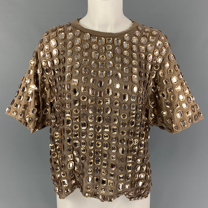 GIVENCHY Size M Taupe Gold Rhinestones Short Sleeve Dress Top