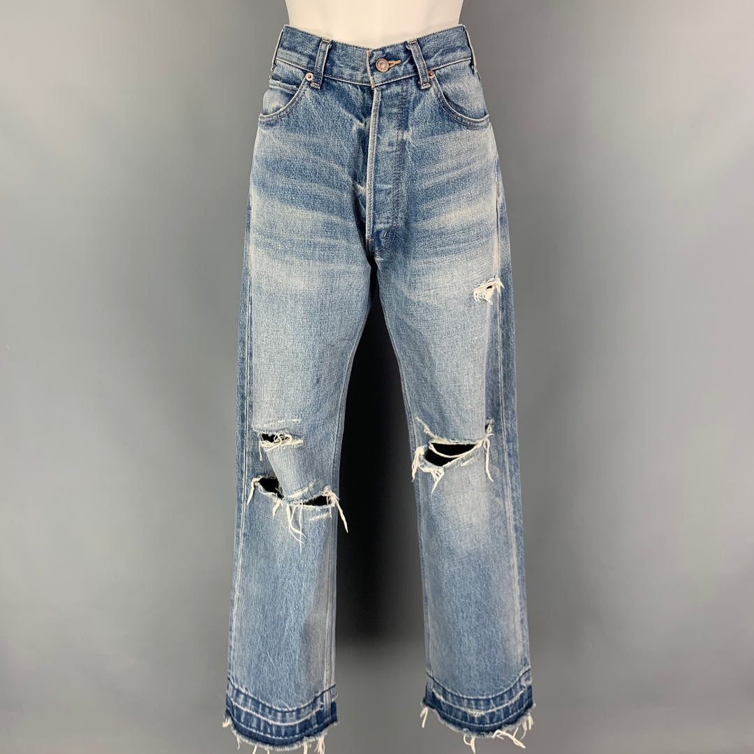 CELINE Size 27 Blue Cotton Distressed Jeans