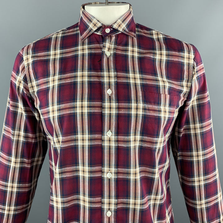 HARTFORD Size XL Burgundy & Brown Plaid Cotton Button Up Long Sleeve Shirt