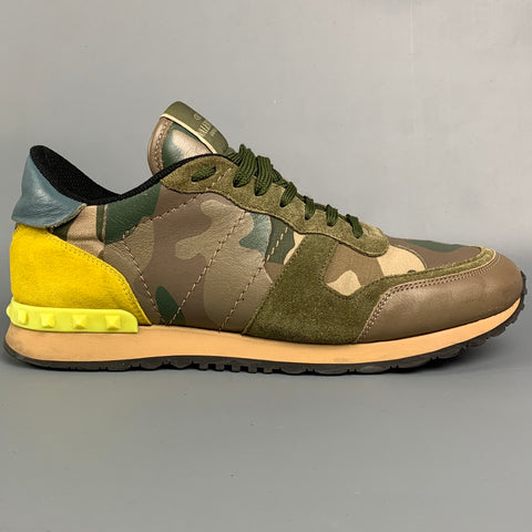 VALENTINO Size 10 Olive & Yellow Camo Nylon Lace Up Sneakers