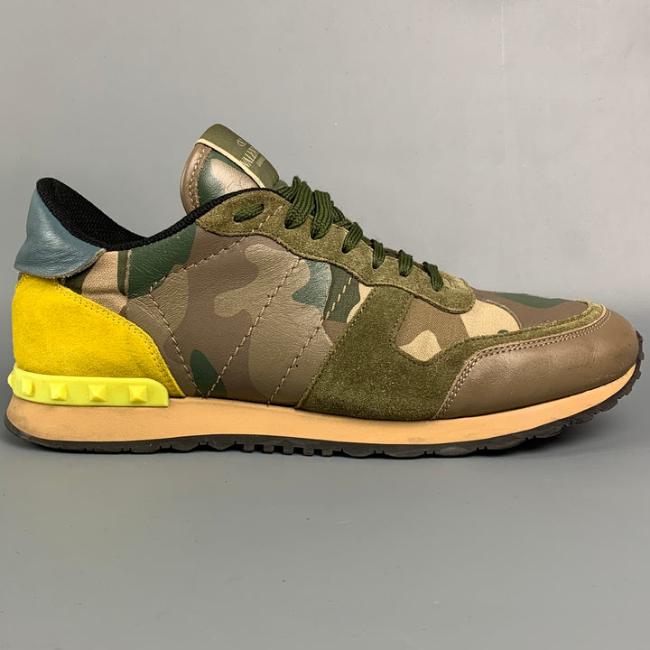 VALENTINO Size 10 Olive & Yellow Camo Nylon Lace Up Sneakers