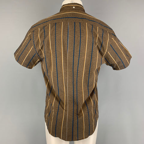 BILLY REID Size L Brown Navy Stripe Cotton Short Sleeve Shirt