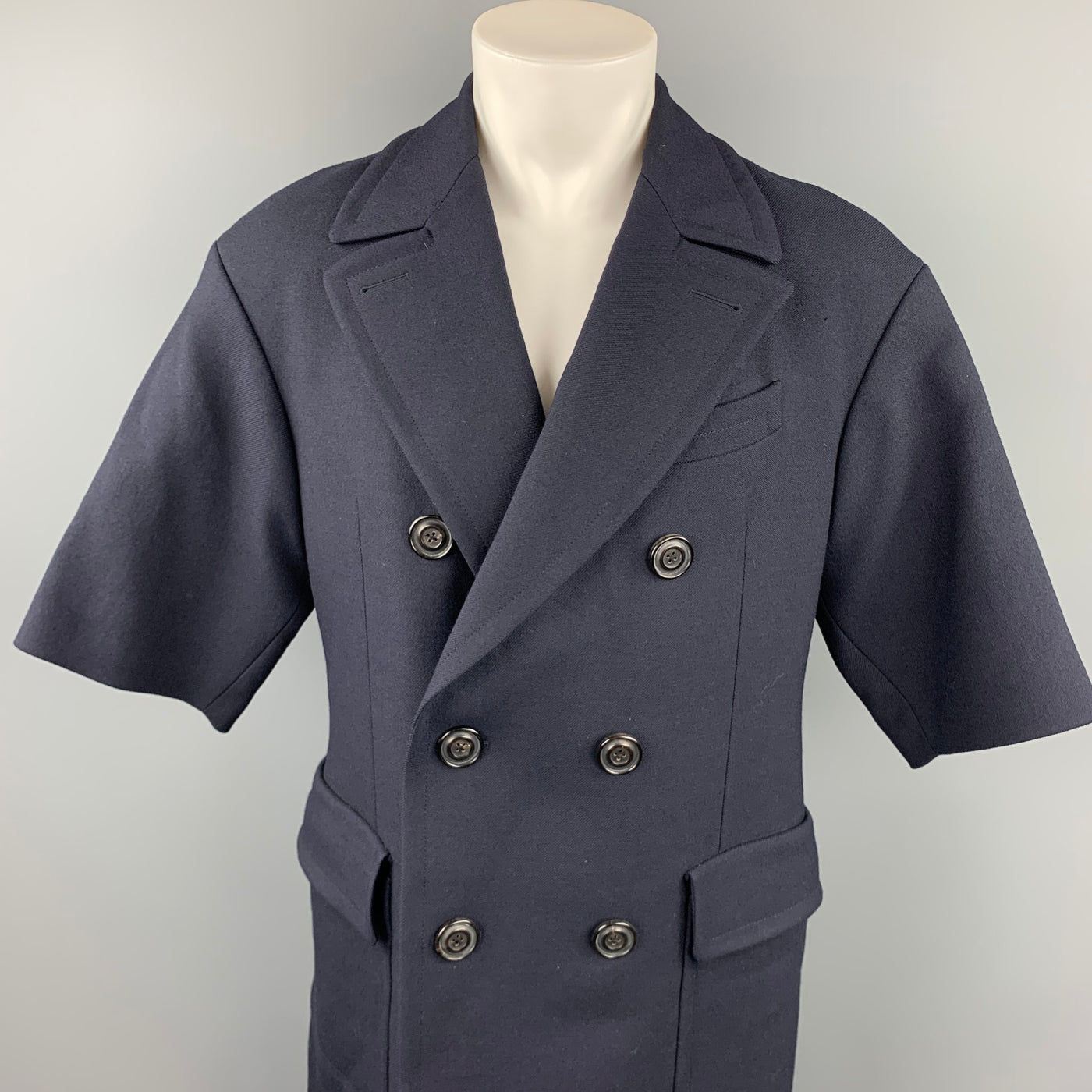 WOOSTER + LARDINI Size 38 Navy Wool Double Breasted Short Sleeve Coat
