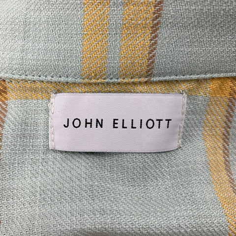 JOHN ELLIOTT Size L Powder Blue Yellow Brown Plaid Cotton Long Sleeve Shirt