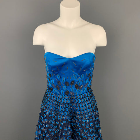 CAROLINA HERRERA Size 6 Royal Blue & Navy Cotton / Polyester Strapless A-Line Dress