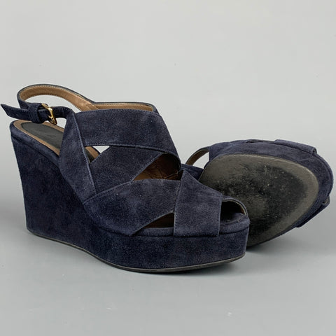 MARNI Size 6 Navy Suede Platform Wedge Sandals