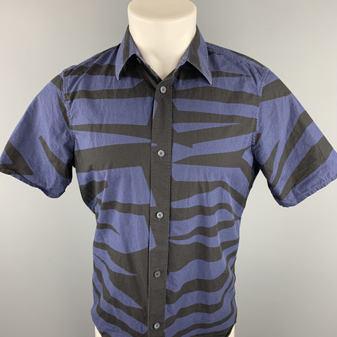 BURBERRY PRORSUM Size M Navy & Black Print Cotton Button Up Short Sleeve Shirt