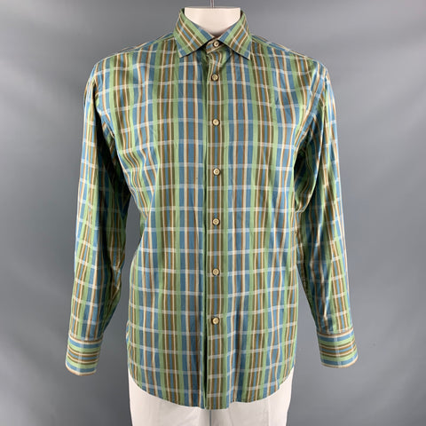 ROBERT GRAHAM Size XL Green, Blue & Tan Plaid Cotton Button Up Long Sleeve Shirt