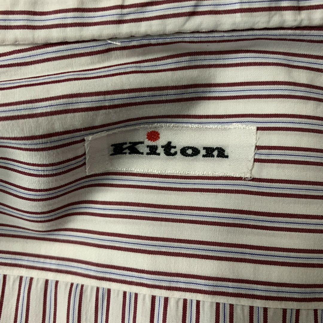 KITON Size XL White,  Red and Blue Stripe Cotton Button Down Long Sleeve Shirt