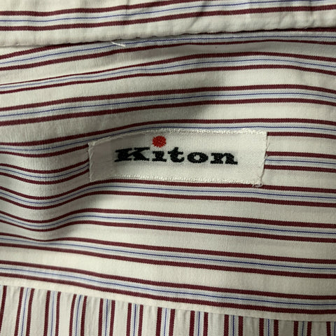 KITON Size XL White,  Red and Blue Stripe Cotton Button Down Long Sleeve Shirt