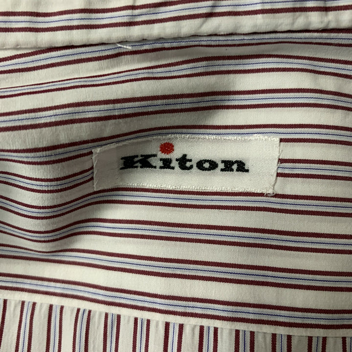 KITON Size XL White,  Red and Blue Stripe Cotton Button Down Long Sleeve Shirt