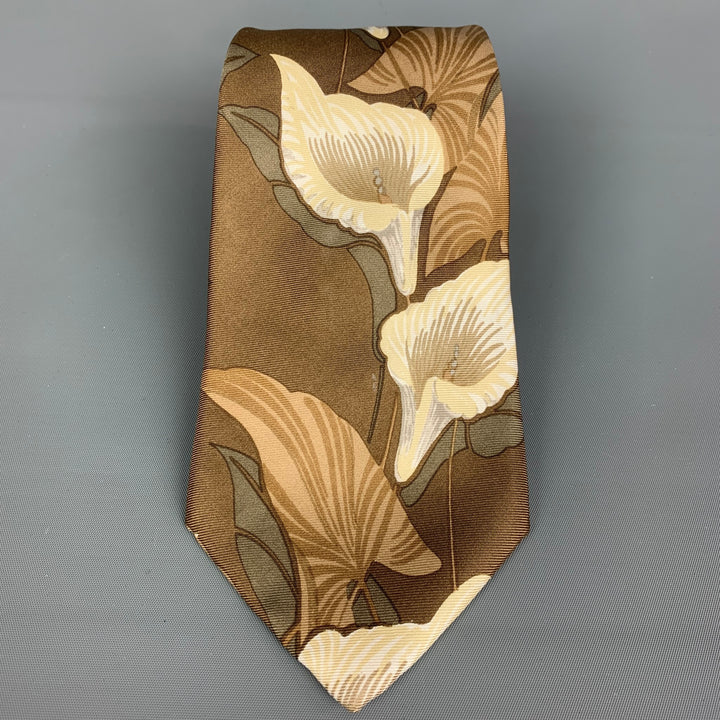 RALPH LAUREN Beige & Brown Calla Lilies Printed Silk Tie