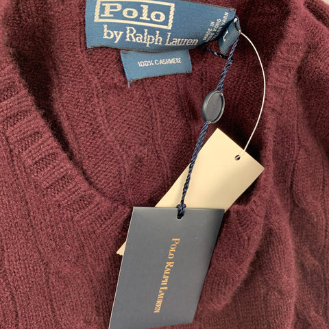 POLO by RALPH LAUREN Size L Burgundy Cable Knit Cashmere V-Neck Sweater