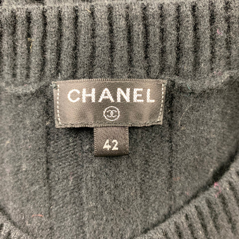 CHANEL Size 10 Black Knitted Pleated Wool Crew-Neck Sweater Dress