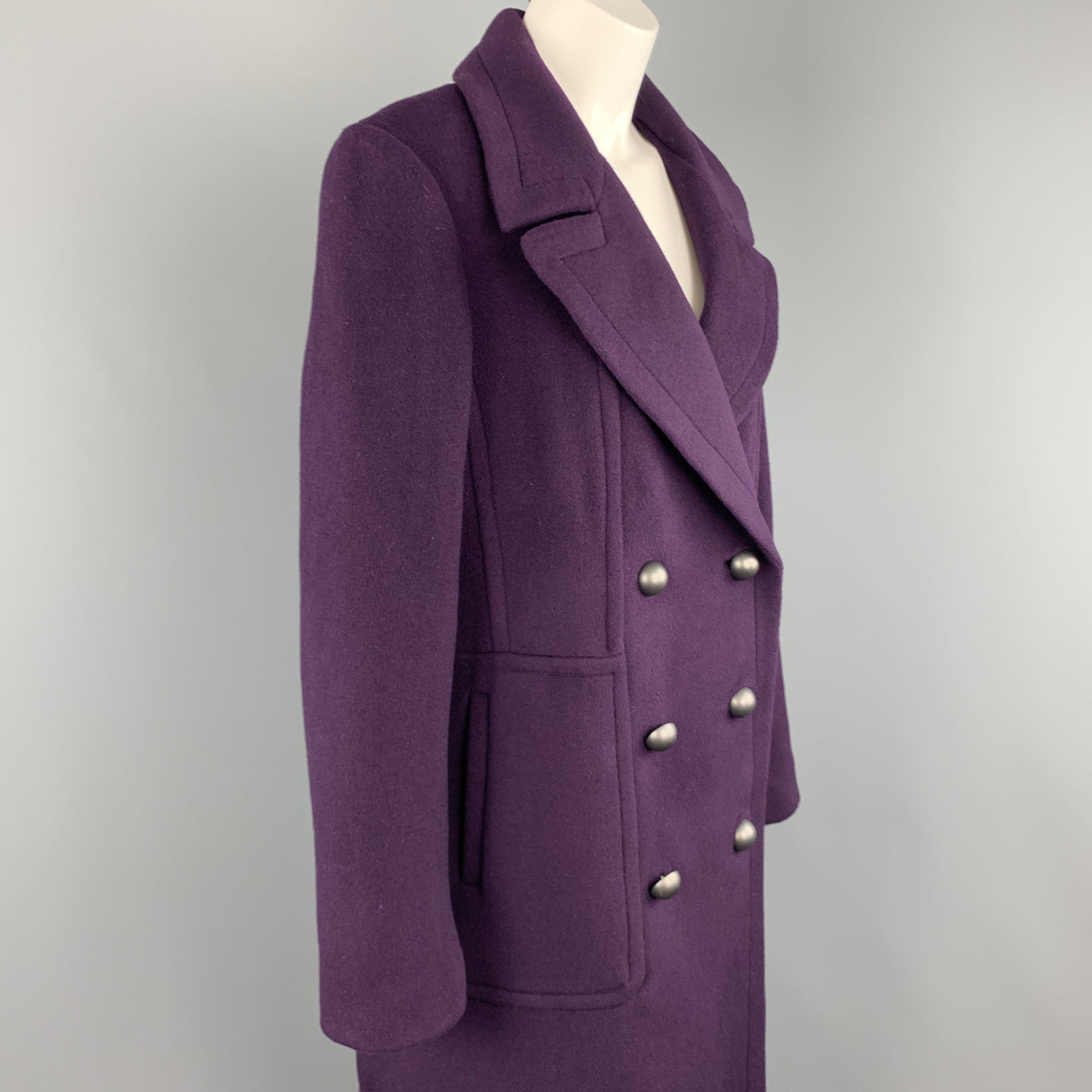 ELIE TAHARI Size L Purple Wool Blend Double Breasted Metal Button Coat