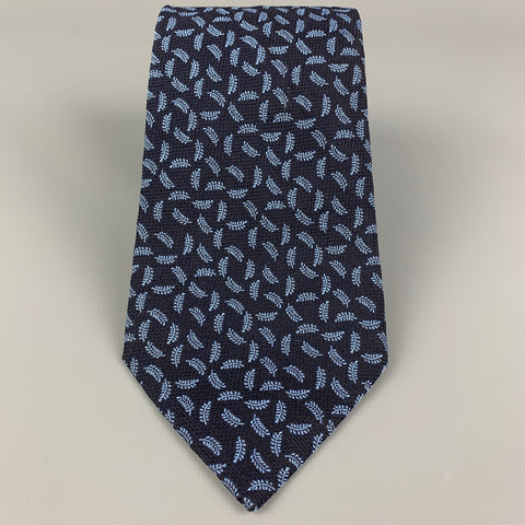 HERMES Navy & Blue Silk Leaf Print Tie