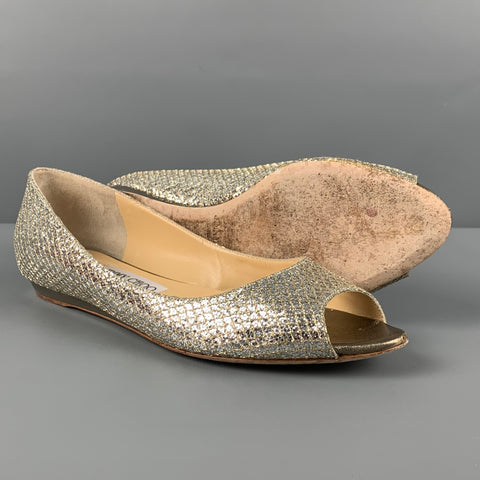 JIMMY CHOO Beck Size 7.5 Champagne Canvas Metallic Peep Toe Flats