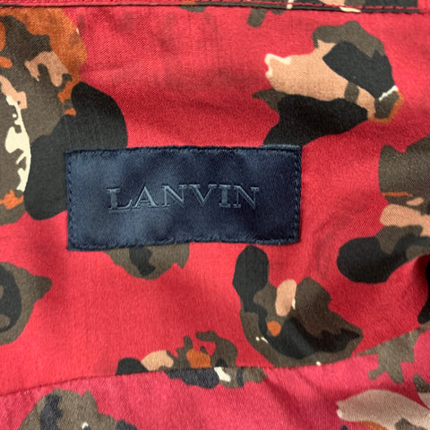 LANVIN Size M Burgundy & Black Print Silk Camp Short Sleeve Shirt
