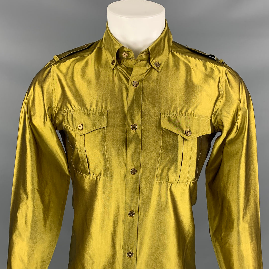 BURBERRY PRORSUM Spring 2008 Size S Mustard Metallic Silk Button Down Long Sleeve Shirt