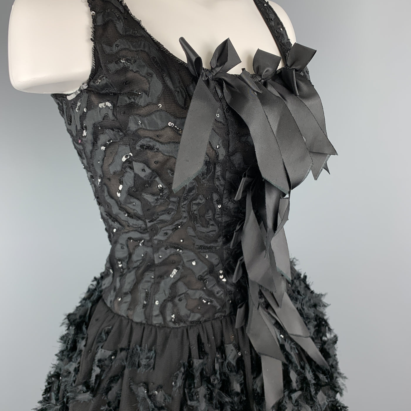 OSCAR DE LA RENTA 6 Black Sequin Mesh Silk Bows Buubble Skirt Cocktail Dress