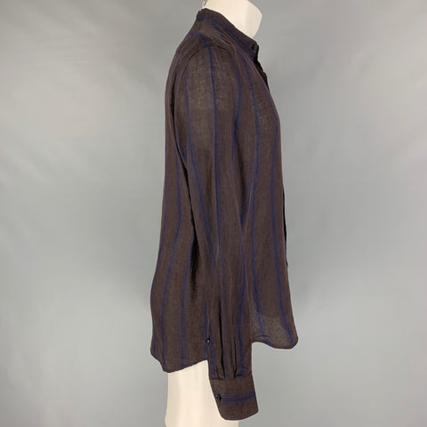 PAL ZILERI Size M Brown &  Blue Stripe Linen Nehru Collar Long Sleeve Shirt