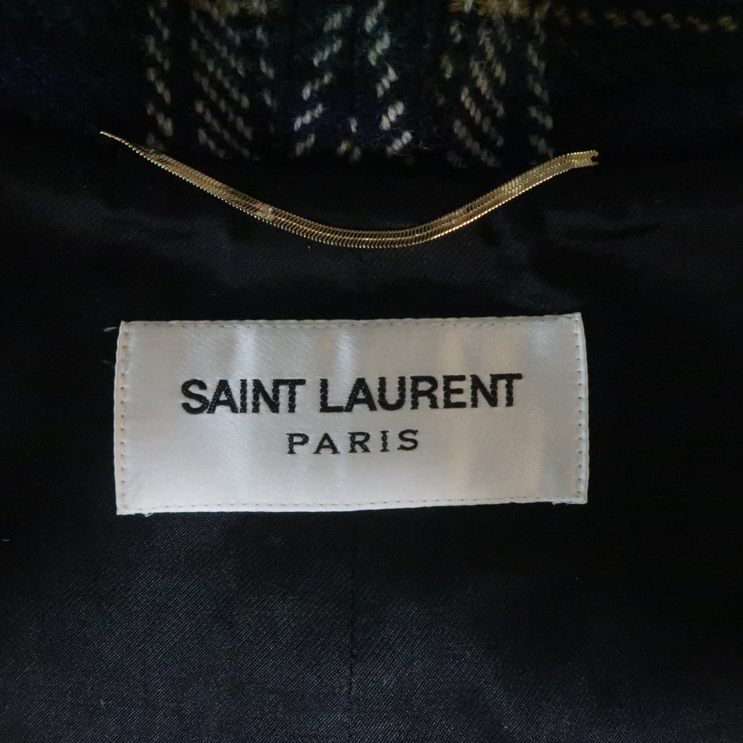 SAINT LAURENT Size 8 Blue & Green Plaid Wool Hooded Cape