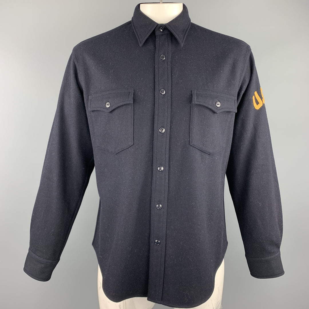 POLO JEANS Size M Navy Wool / Rayon Patch Pockets Long Sleeve Shirt