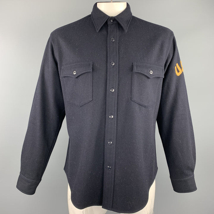 POLO JEANS Size M Navy Wool / Rayon Patch Pockets Long Sleeve Shirt