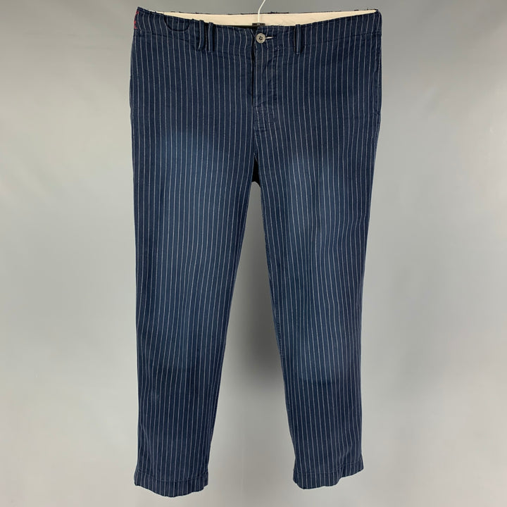 POLO par RALPH LAUREN Taille 34 Pantalon décontracté en coton à fines rayures blanc marine avec braguette boutonnée
