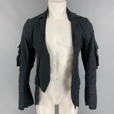 GREG LAUREN Size 36 Black Distressed Open Front Jungle Shirt Jacket