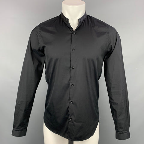 THE KOOPLES Size S Black Cotton Leather Nehru Collar Long Sleeve Shirt