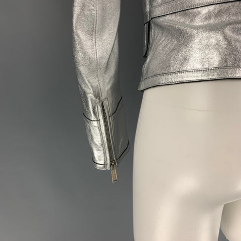 DSQUARED2 Size 6 Silver Leather Black Trim Biker Jacket