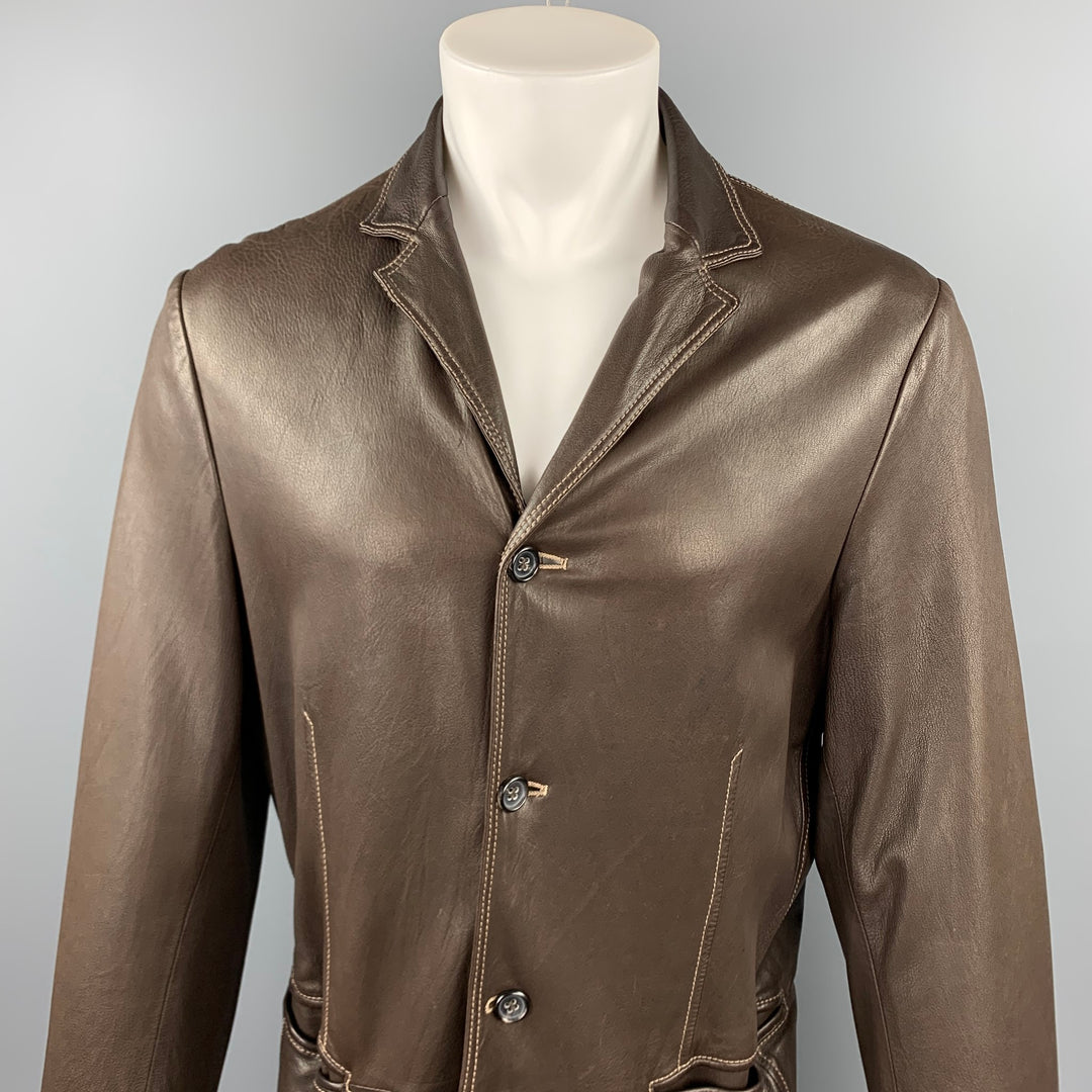 JIL SANDER Size L Brown Contrast Stitch Leather Notch Lapel Jacket