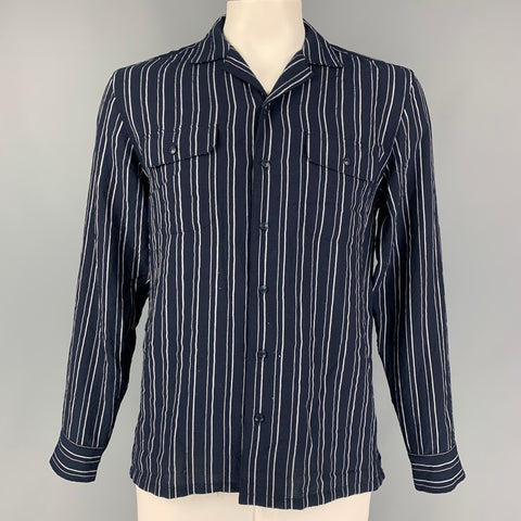 SHADES OF GREIGE Size L Navy White Stripe Viscose Blend Long Sleeve Shirt