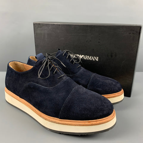 EMPORIO ARMANI Size 11 Navy Solid Leather Platform Lace-Up Shoes