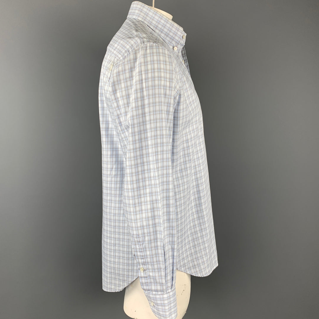 LORO PIANA Size L White & Light Blue Plaid Cotton Long Sleeve Shirt