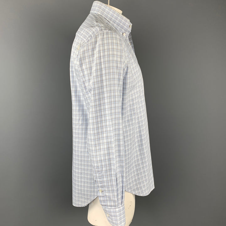 LORO PIANA Taille L Chemise à manches longues en coton à carreaux blanc et bleu clair