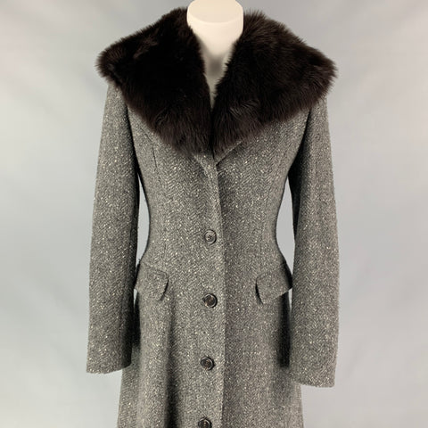 RALPH LAUREN Black Label Size 4 Grey Heather Herringbone Wool / Cashmere Fur Collar Coat