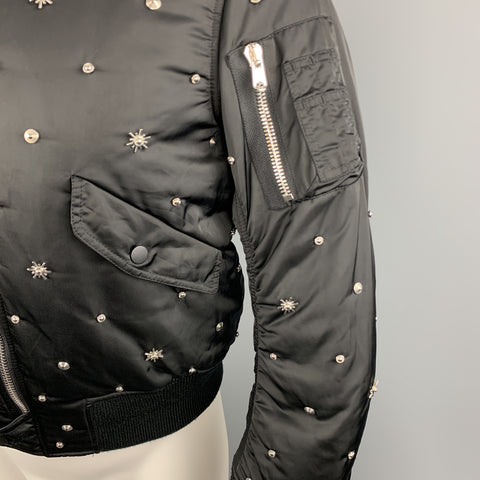 SANDRO Size XS Black Silver Tone Star Studded Nylon Bomber Flight Jacket